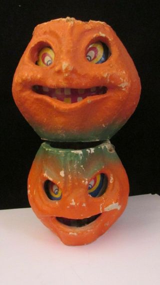 Antique Paper Mache Halloween Pumpkin 2 Jack O Lanterns.  Bail Handle For Candy Nr