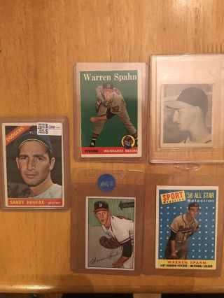 Five Vintage Baseball Cards Koufax Spahn 1950’s 1960’s