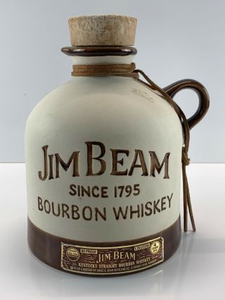 Vintage Jim Beam Bourbon Whiskey Stoneware Jug Decanter 8” X 6” Shelf Decor