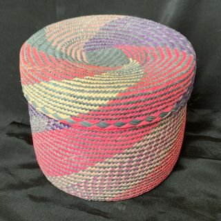 Vintage Finely Woven Grass Basket With Lid Purple,  Blue And Pink 4.  5 " X 6 "