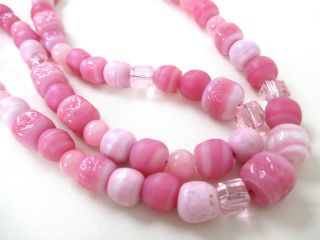 Cotton Candy Pink Vtg Art Glass Bead Multi Texture N Shape Necklace - Ooak - 24 "