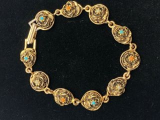 Vintage Signed Goldette Flower Link Gold Tone Bracelet