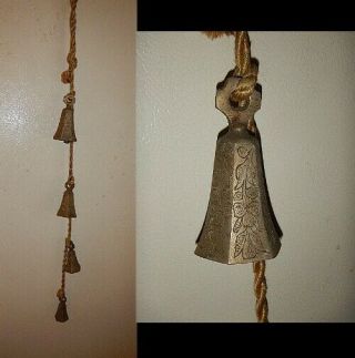 Vintage Set Of 4 Solid Brass Etched Bell Chimes On Rope