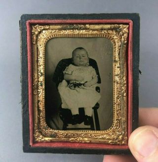 Post Mortem Photography Ambrotype Antique Baby Tinted Cheeks Brass Framed Case