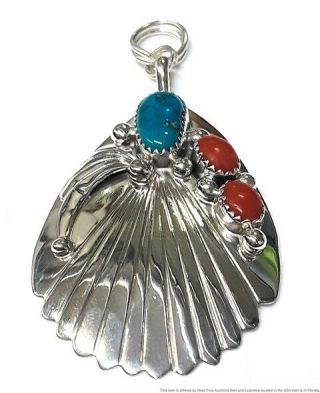 Vintage B.  Bennett Navajo Turquoise Coral Stone Sterling Silver Pendant Jewelry