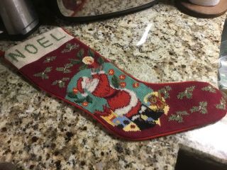 Vintage Needlepoint Stocking - Red Felt Back - Santa/candle/holly - “noel” -