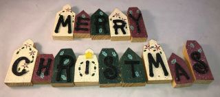 Wooden Block Merry Christmas Colonial Houses Rustic Decor Vintage