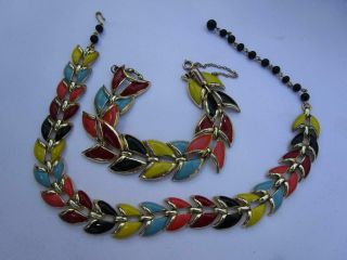 Vintage Coro Red Pink Blue Yellow Black Enamel Link Necklace Bracelet Set