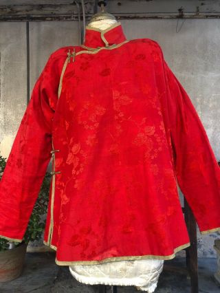 Antique 1930s Red & Gold Cheongsam Qipao Dress Top Floral Brocade Vintage Robe