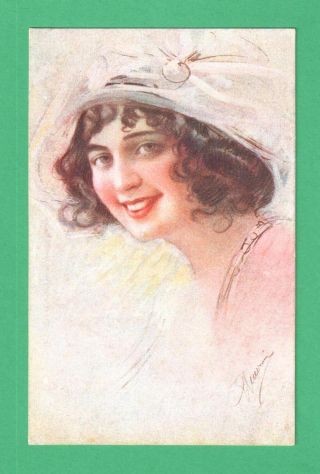 Vintage Suzanne Meunier Art Postcard Lady Hat