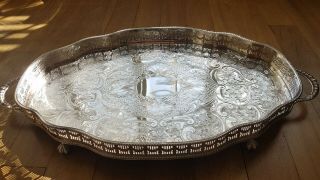 Large Vintage Galleried Serpentine Edge Chased Silver Plate On Copper Tray 56cms