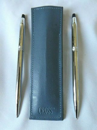 Vintage Cross Ballpoint Pen And Mechanical Pencil Set With Gray Leather Pouch