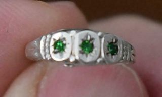 Charming Antique Sterling Silver Baby Ring Size 1/2 With Three Tiny Emeralds