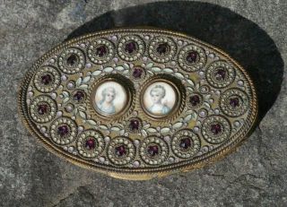 Antique French Jeweled & Enamel Gilt Brass Trinket Box W 2 Miniature Portraits