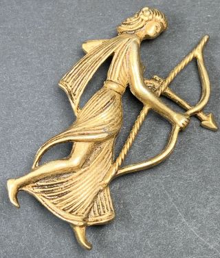 Vintage Brooch Pin 2.  5” Gold Tone Women Figural Archer