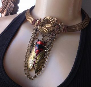 Vintage Necklace Huge Egyptian Cicada Pendant Wide Brass Hand Wrought Collar