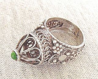 Yemenite Antique Filigree Silver Sterling Jewish Wedding Ring Set With Jade