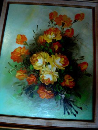Vintage Framed R.  Pasanault Oil Painting Still Life Orange Yellow Flowers