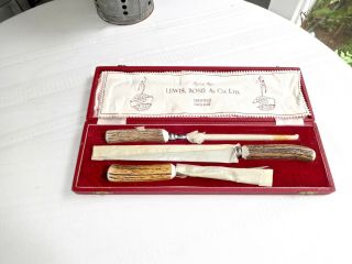 Vintage Lewis,  Rose & Co.  Sheffield 3 Pce Stag Handle Carving Set,  Mib