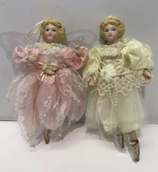 2 Vintage 1990 Victorian Style Porcelain Ballerina 7 " Doll Christmas Ornament