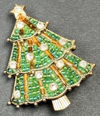 Signed Liz Claiborne Vintage Brooch Pin 2” Christmas Tree Crystal Rhinestones