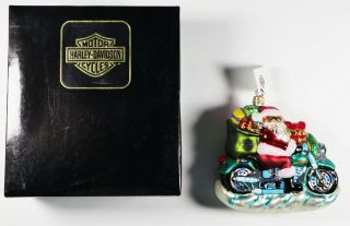 Vtg Christopher Radko Harley Davidson Santa Motorcycle Glass Christmas Ornament