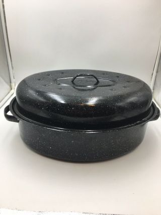 Blue Enamelware Vtg Usa Large Turkey Ham Roasting Pan With Lid 16x12 " Speckled