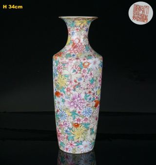 Large Antique Chinese Famille Rose Millefleur Porcelain Vase Qianlong 19th C