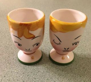 Vintage Face Egg Cups - Set Of 2: 1 Winking,  1 Open Eyes - Find