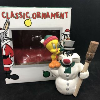 Vintage Warner Brothers Sylvester & Tweety Bird Snowman Christmas Ornament 1995