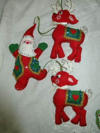 3 Vtg.  Felt With Sequins Trim Christmas Ornaments Reindeer Santa Bucilla ? 7 " - 8 "