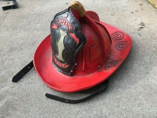 Vintage Red Captain 1867 Firefighter Hat Helmet Resin Composite Felt Lined W Str