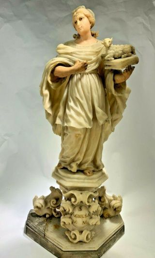 Antique 18th Century Carved Marble Statue Of St.  Agnes Of Rome From Wirtz Estate