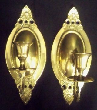 Vtg Set Of 2 Solid Brass Sconces Candleholders Made In India Wall Hangings 9 " T