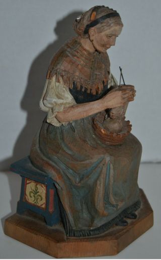 Vintage Anri Wood Sculpture Of A Woman Knitting 7.  5 Inches Tall Signed