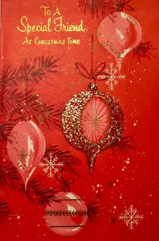 1950s Mcm Vintage Mid - Century Christmas Card Pink Teardrop Ornaments W/ Glitter