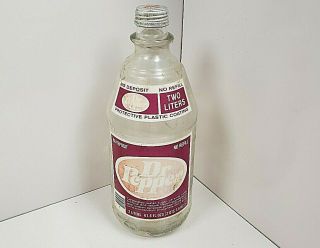 Vintage Dr Pepper 2 Liter Glass Bottle With Paper Label And Plastic Coating