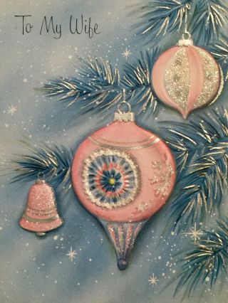 Vintage 1950s Christmas Card Mcm Mid Century Modern Pink Aqua Ornaments Glitter