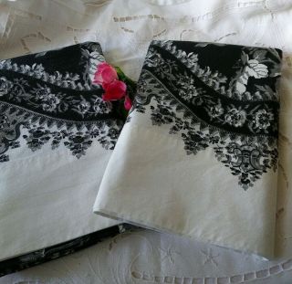 Vintage Ralph Lauren Black White & Gray Roses King Sized Pillowcases Usa