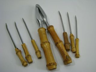 Vintage Bamboo Handles Nutcracker 6 Nut Picks Wood Tool Set