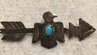 Vintage Marked Sterling Silver Navajo Thunderbird Arrow Pin W/ Turquoise Stone