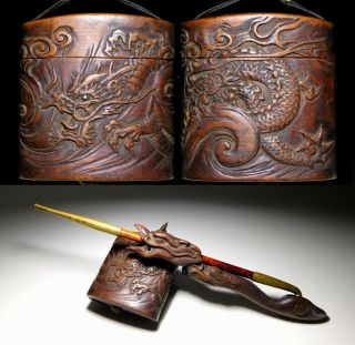Fine Carving Dragon Tonkotsu Inro W Dargon Kiseru - Zutsu 19c Japan Edo Antique