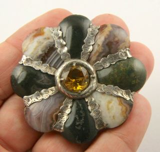 Large Antique Victorian C1890 Silver Scottish Agate Citrine Flower Brooch Pin
