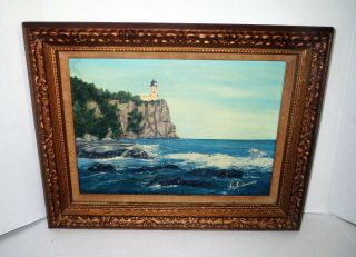 Signed Antique Lighthouse Seascape Painting - In Period Gold Gilt Frame