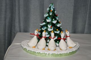 Vintage 10 " Snow Flocked Ceramic Christmas Tree With Geese Light