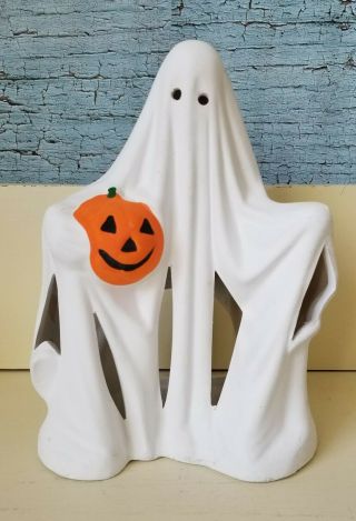 Vintage Light Up Ghost With Pumpkin Ceramic Candle Halloween Decoration