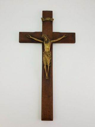 Antique French Wood Brass Crucifix Jesus Christ Wall Cross 19.  48 Inch