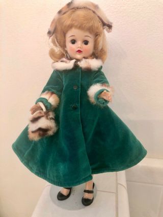 Vintage Vogue 1957 10.  5 " Jill Doll In Green Velvet Coat,  Muff,  & Headband 7554