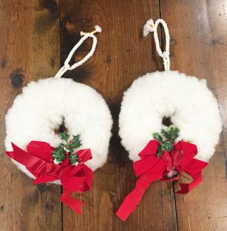 2 White Christmas Wreaths Macrame Handmade Art Mid Century Vtg