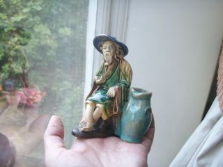 Old Vintage Chinese Pottery Figure Of A Bearded Seated Man Coloured Glaze C.  1920